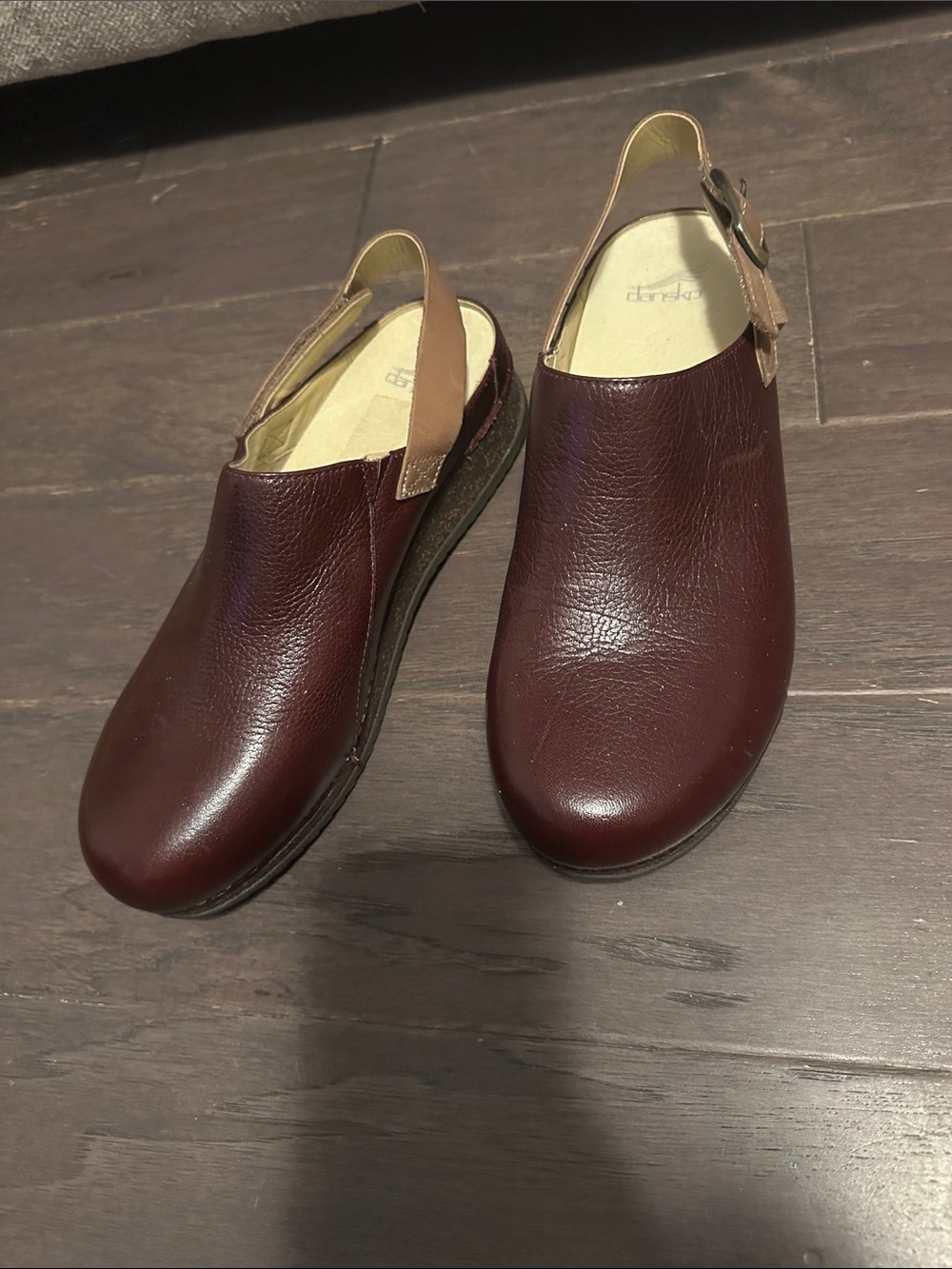 Dansko Burgundy Leather Slingback Clogs with Tan Strap